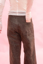 A person shown from the back wearing dark brown wide-leg pants with a textured, waxed finish and a light pink long-sleeve top, set against a solid pink background.